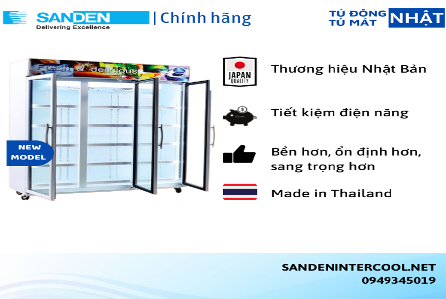 Tủ mát Sanden Intercool 3 cánh kính Nhật, nhẩp khẩu Thái Lan
