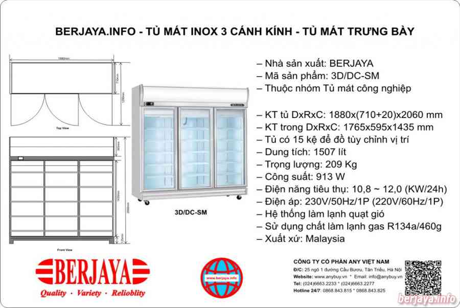 Tủ mát inox 3 cánh kính BERJAYA 3D/DC-SM || Tủ mát trưng bày | | Berjaya Việt Nam