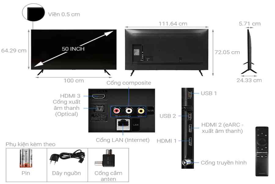 Kích thước tivi 50 inch LG, Samsung, Sony, TCL chuẩn 100%