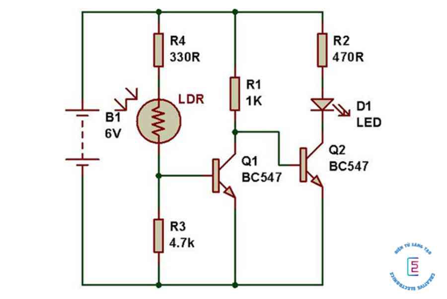 Mạch cảm biến ánh sáng dùng quang trở và transistor đơn giản