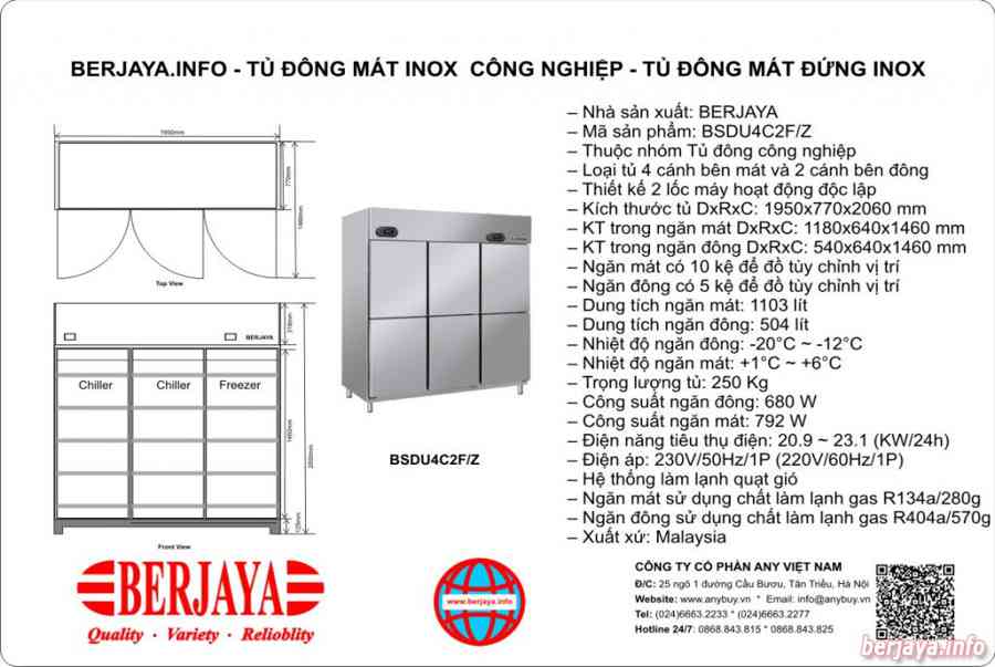 Tủ đông mát 6 cánh inox Berjaya BSDU4C2F/Z || Tủ đông mát công nghiệp | | Berjaya Việt Nam